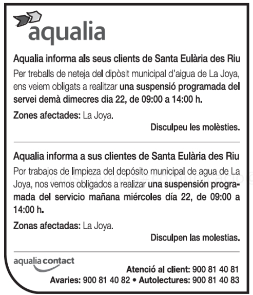 Aviso de corte temporal de agua este miércoles zona La Joya