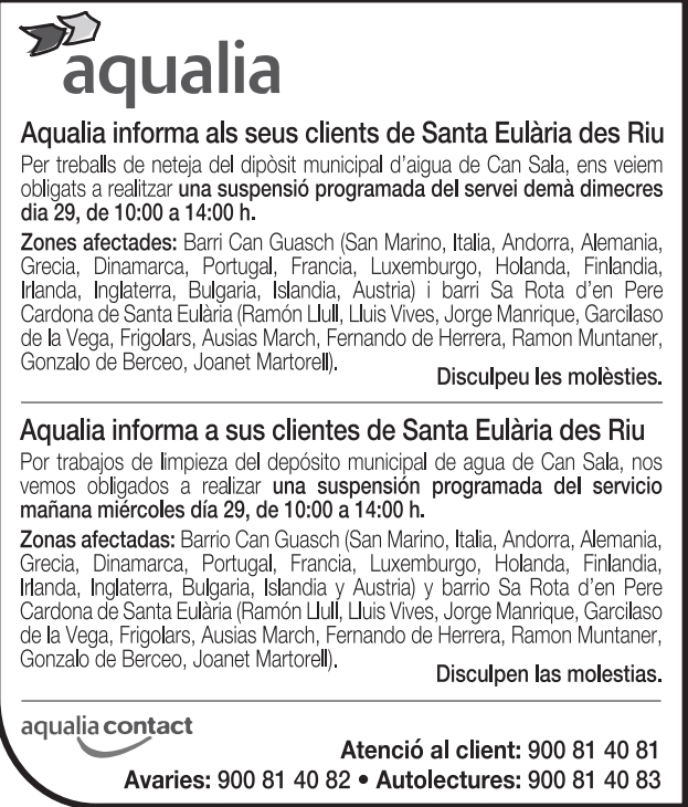 Aviso de corte temporal de agua este miércoles en Can Guasch y sa Rota d'en Pere Cardona