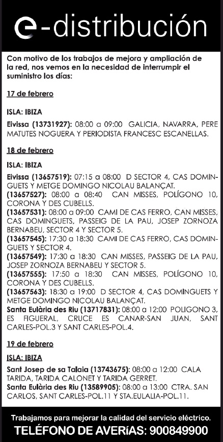 CORTE DE LUZ 18 Y 19 DE FEBRERO