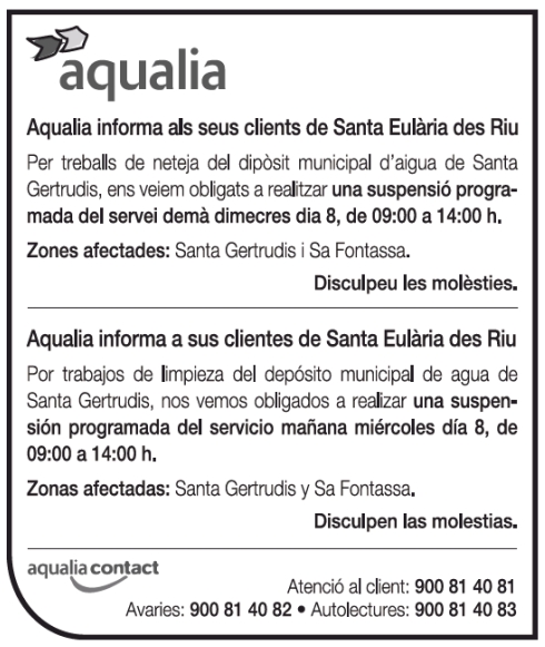 Aviso de corte temporal de agua por limpieza de depósito este miércoles en Santa Gertrudis y sa Fontassa