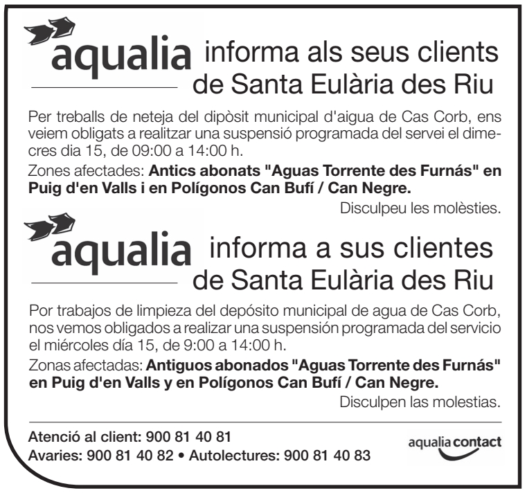 Aviso de corte temporal de agua este miércoles, 15 de noviembre, a antiguos abonados “Aguas Torrent des Furnàs” en es Puig de'n Valls, Can Bufí y Can Negre