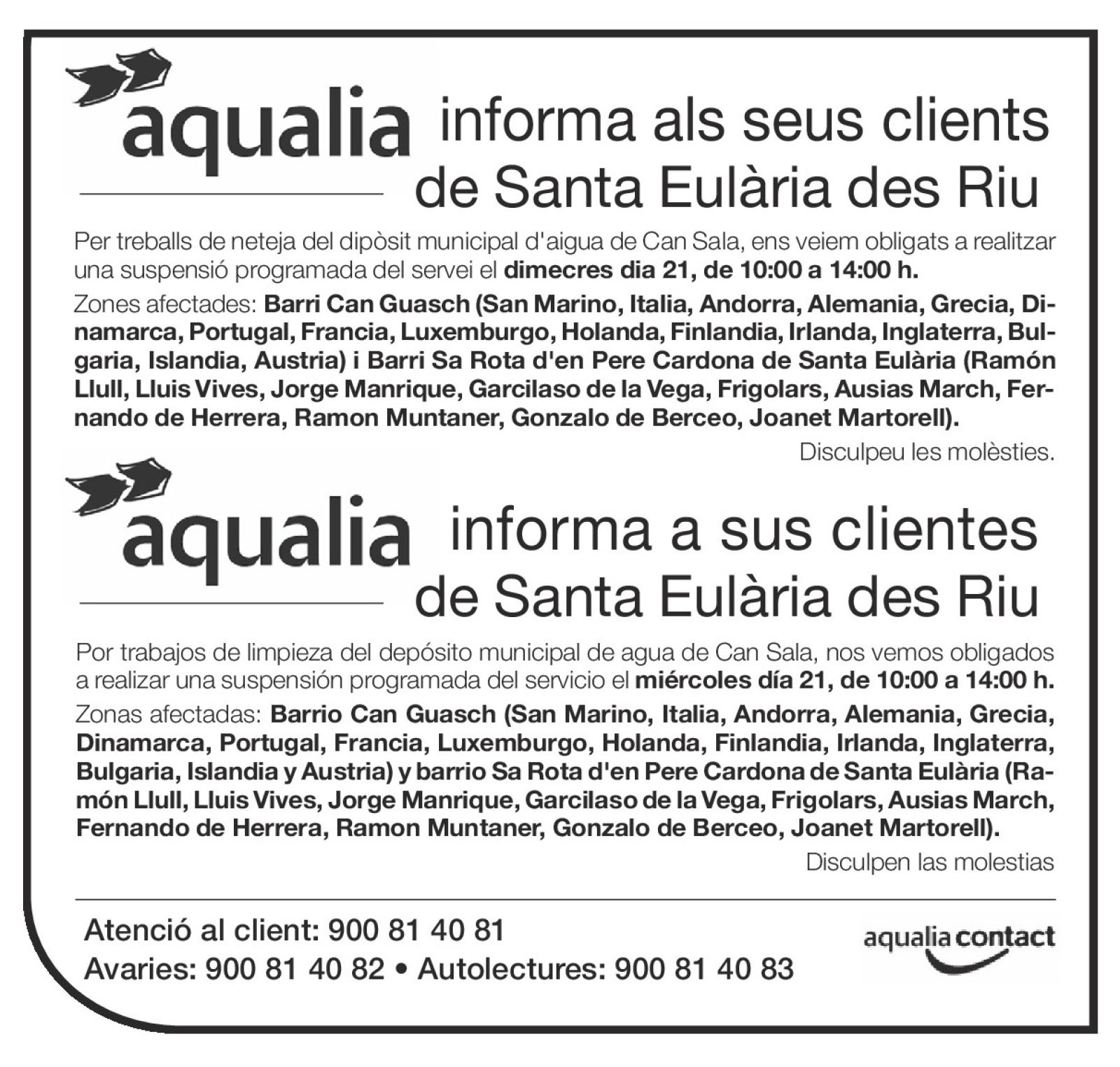 Suspensión temporal del suministro de agua en zonas de Santa Eulària des Riu el 21 de diciembre.